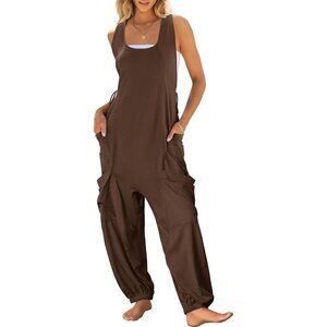 Women Brown Overall Jumpsuit Loose Casual Dressy Sleeveless Baggy Harem Romper